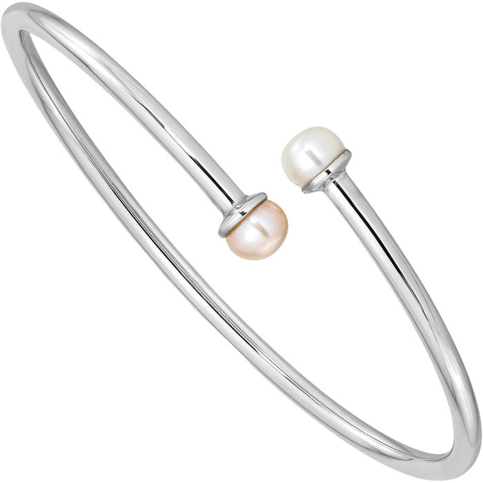 925 Sterling Silver 5mm Pink White Button Freshwater Cultured Pearl Flexible Bangle Bracelet