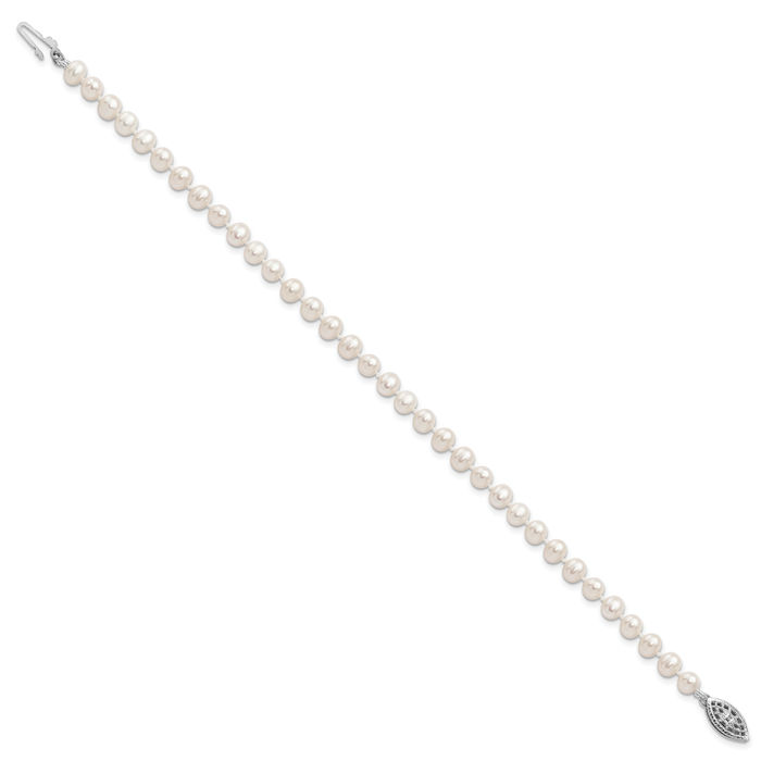 925 Sterling Silver 4mm White Near Round Freshwater Cultured Pearl Chain Bracelet