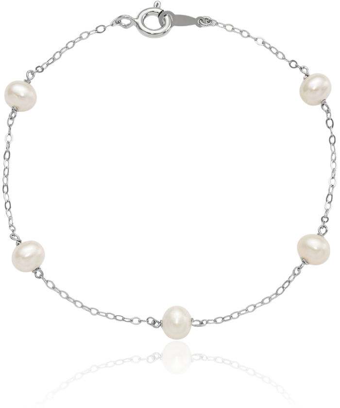 925 Sterling Silver 5mm White Round Freshwater Cultured Pearl 5 Station Chain Bracelet