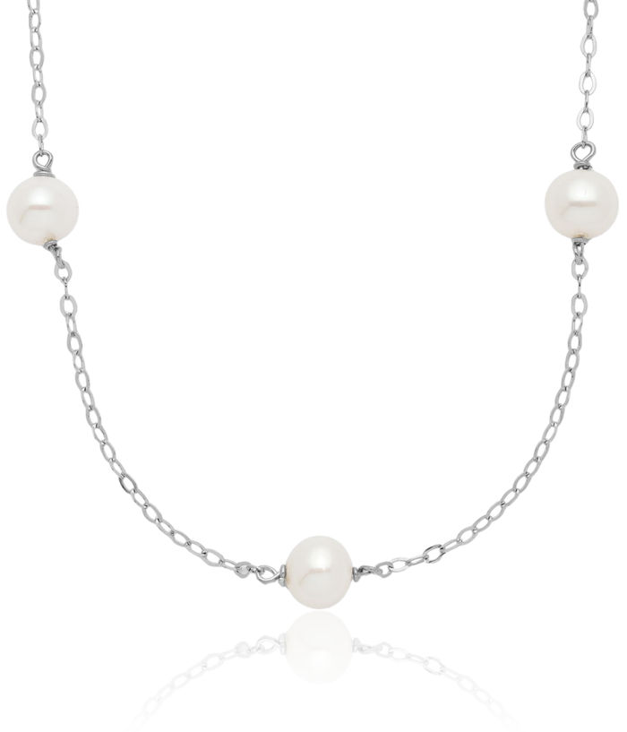 925 Sterling Silver 5mm White Near Round Freshwater Cultured Pearl 8 Station Necklace Chain