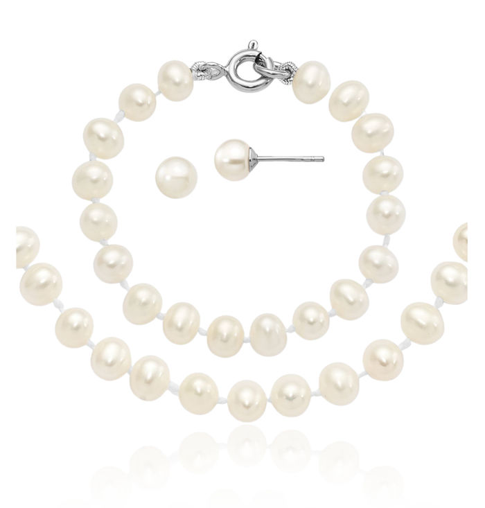 925 Sterling Silver 5mm White Round Freshwater Cultured Pearl Necklace Chain Bracelet Stud Earrings Set