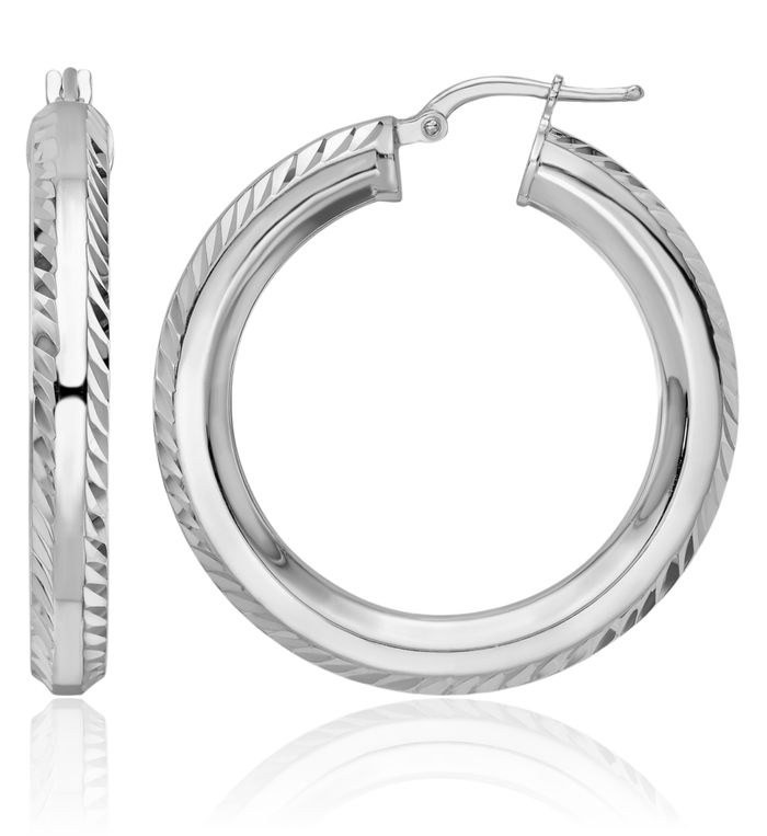 925 Sterling Silver 5x34mm Octagon Tube Round Medium Hoop Earrings