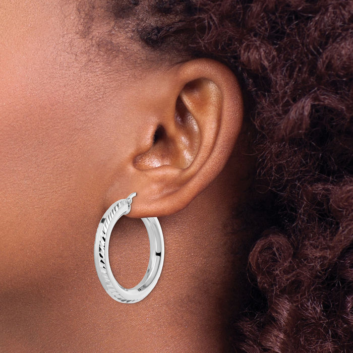 925 Sterling Silver 5x34mm Octagon Tube Round Medium Hoop Earrings