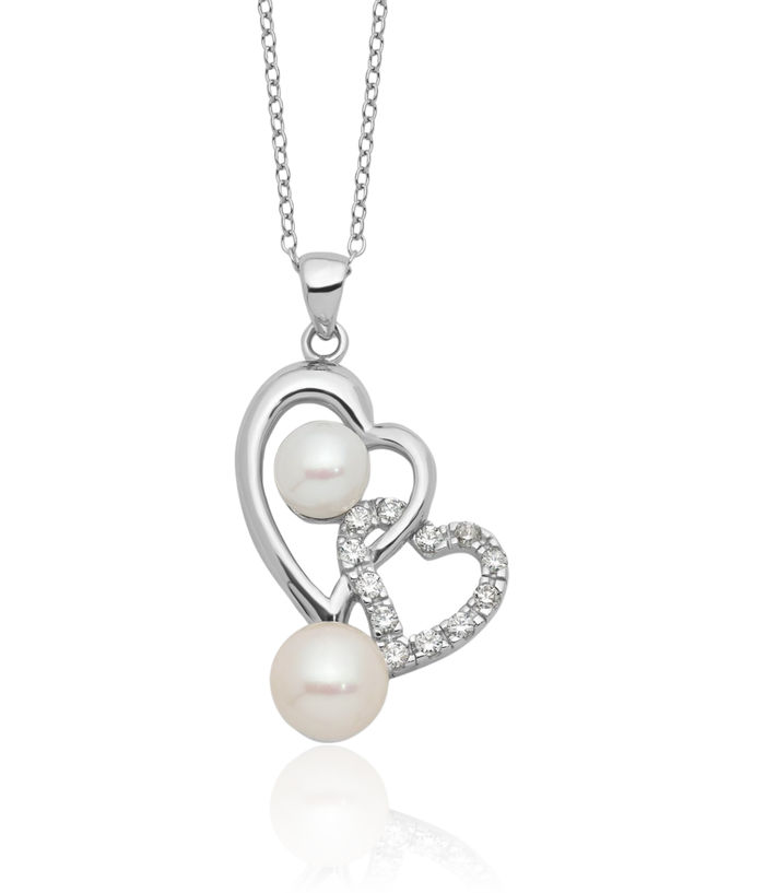 925 Sterling Silver 6 7.5mm White Button Freshwater Cultured Pearl Cubic Zirconia CZ Double Heart Necklace Love Pendant Friendship Charm Chain