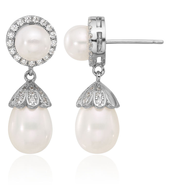 925 Sterling Silver 6 8mm White Rice Button Freshwater Cultured Pearl Cubic Zirconia CZ Post Drop Dangle Earrings