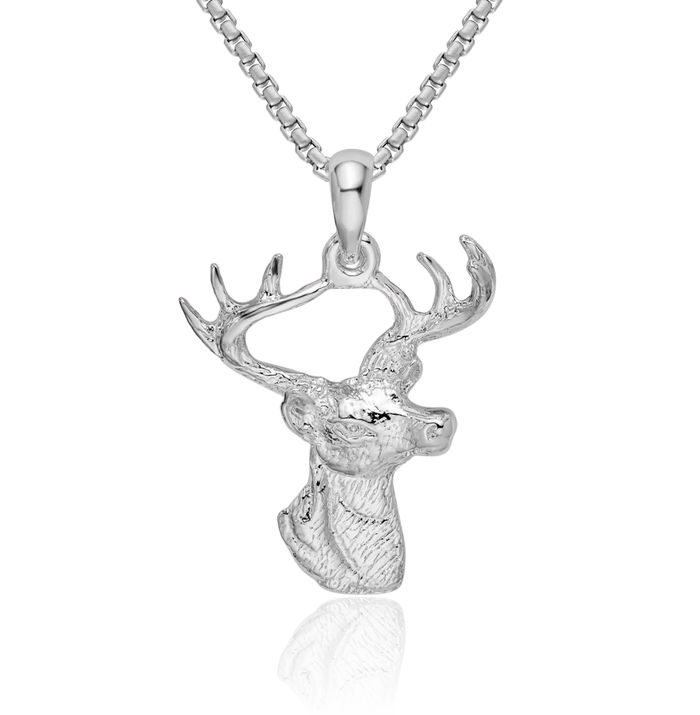 925 Sterling Silver 6 Point Buck Deer Head Profile Necklace Chain Pendant Charm