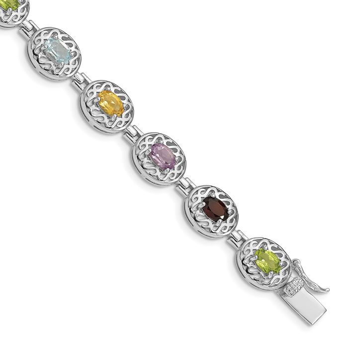 925 Sterling Silver Multi-color Rainbow Gemstone Tennis Bracelet