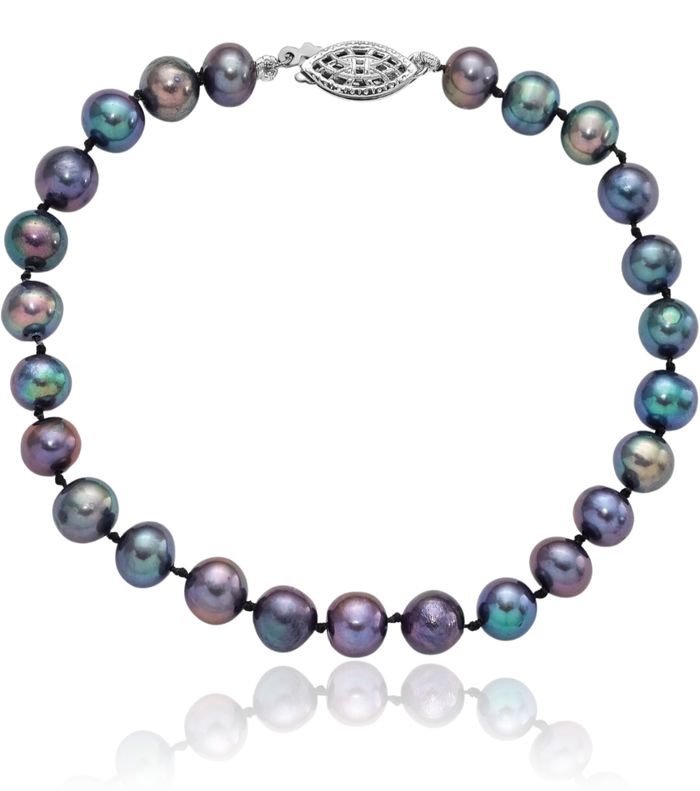 925 Sterling Silver 6mm Black Near Round Freshwater Cultured Pearl Chain Bracelet