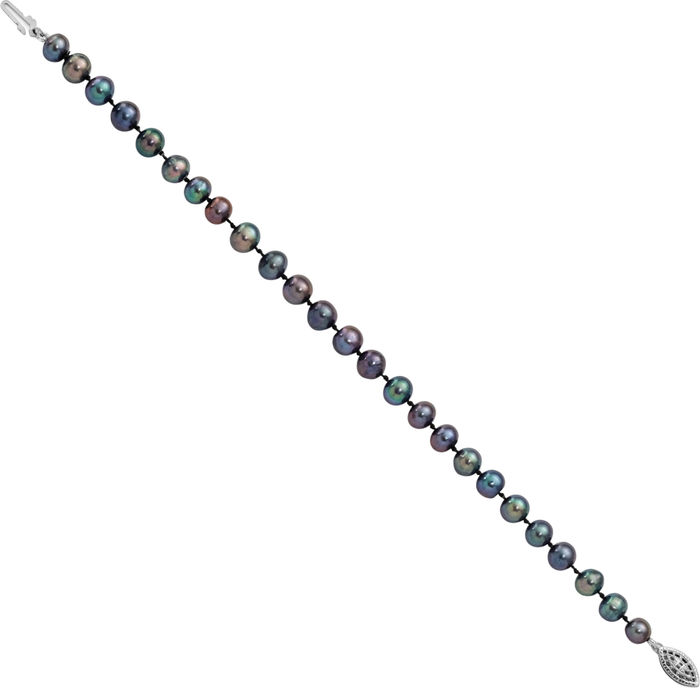 925 Sterling Silver 6mm Black Near Round Freshwater Cultured Pearl Chain Bracelet