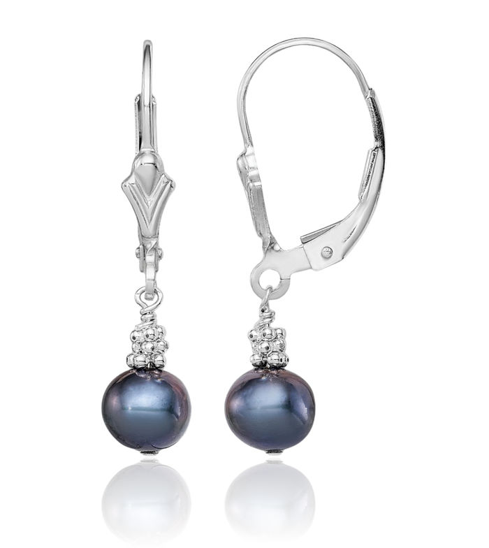 925 Sterling Silver 6mm Black Near Round Freshwater Cultured Pearl Drop Dangle Earrings