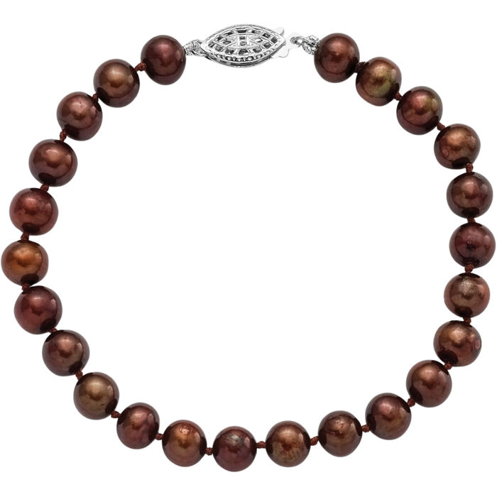 925 Sterling Silver 6mm Brown Near Round Freshwater Cultured Pearl Chain Bracelet