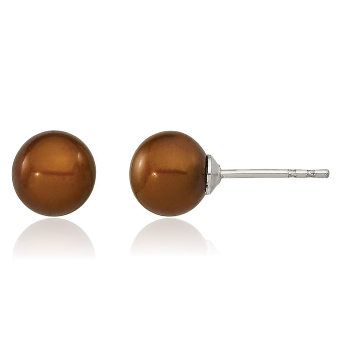 925 Sterling Silver 6mm Brown Round Freshwater Cultured Pearl Stud Earrings