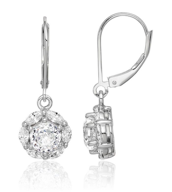 925 Sterling Silver 6mm Cubic Zirconia CZ Halo Round Drop Dangle Earrings