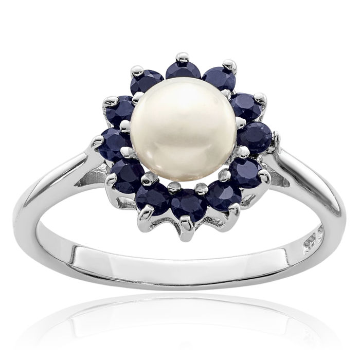 925 Sterling Silver 6mm Freshwater Cultured Button Pearl Blue Sapphire Ring Gemstone Band