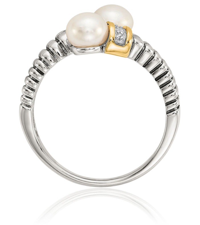 925 Sterling Silver Vintage 6mm Freshwater Cultured Pearl Diamond By Pass Ring