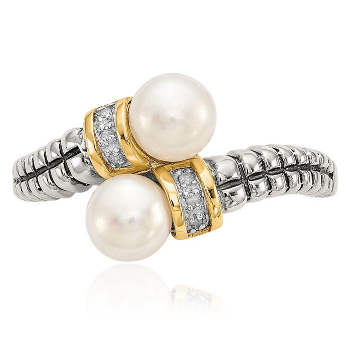 925 Sterling Silver Vintage 6mm Freshwater Cultured Pearl Diamond By Pass Ring