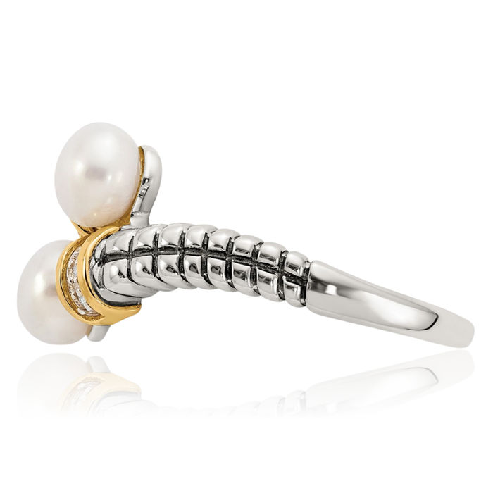 925 Sterling Silver Vintage 6mm Freshwater Cultured Pearl Diamond By Pass Ring