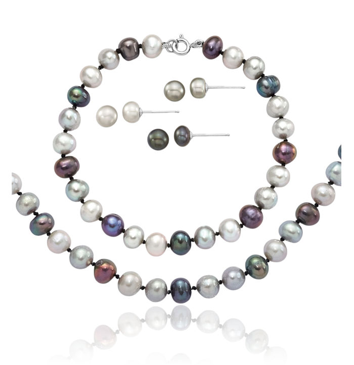 925 Sterling Silver 6mm Grey Black Round Freshwater Cultured Pearl Necklace Bracelet 3-piece Button Stud Earrings Set