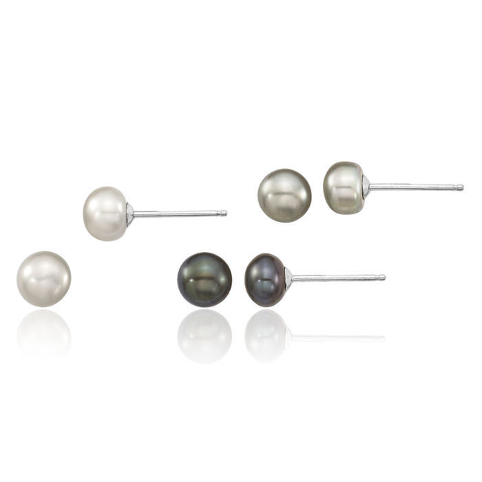 925 Sterling Silver 6mm Grey Black Round Freshwater Cultured Pearl Necklace Bracelet 3-piece Button Stud Earrings Set
