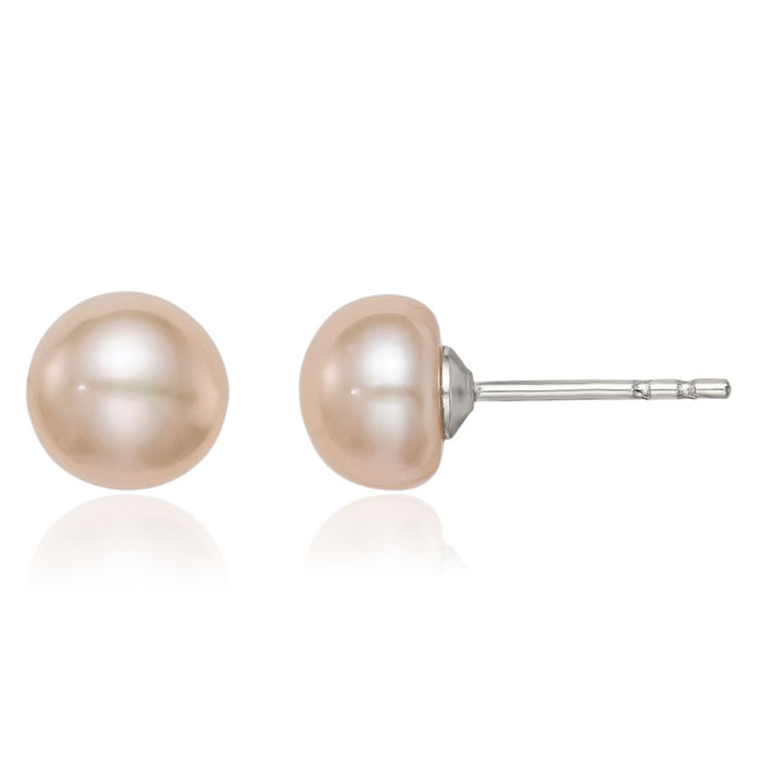 925 Sterling Silver 6mm Pink Button Freshwater Cultured Pearl Stud Earrings