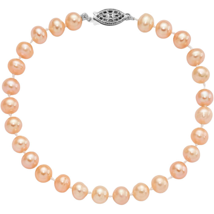 925 Sterling Silver 6mm Pink Near Round Freshwater Cultured Pearl Chain Bracelet