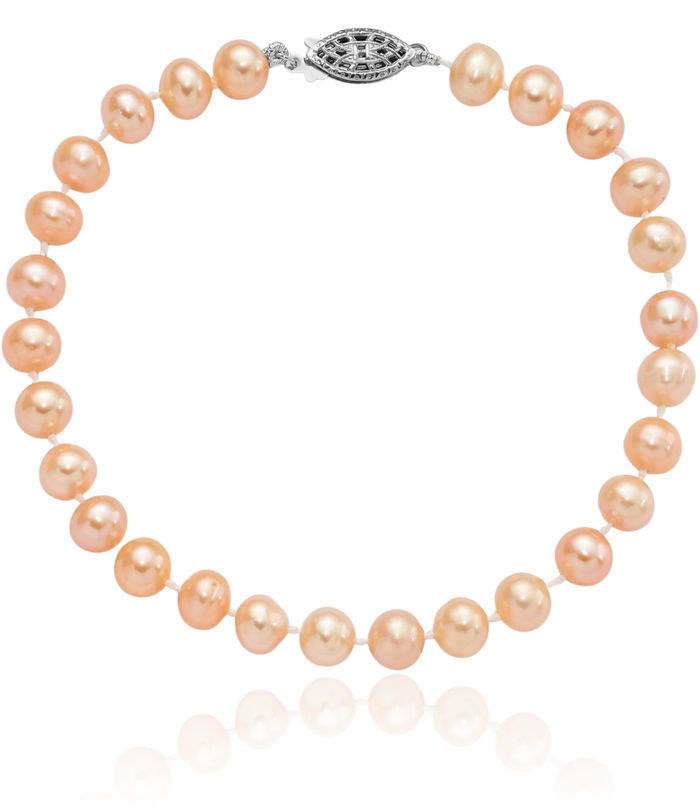 925 Sterling Silver 6mm Pink Near Round Freshwater Cultured Pearl Chain Bracelet