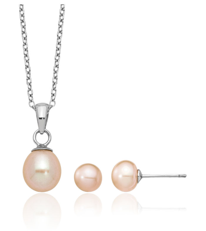 925 Sterling Silver 6mm Pink Teardrop Freshwater Cultured Pearl Necklace Chain Button Stud Earrings Set
