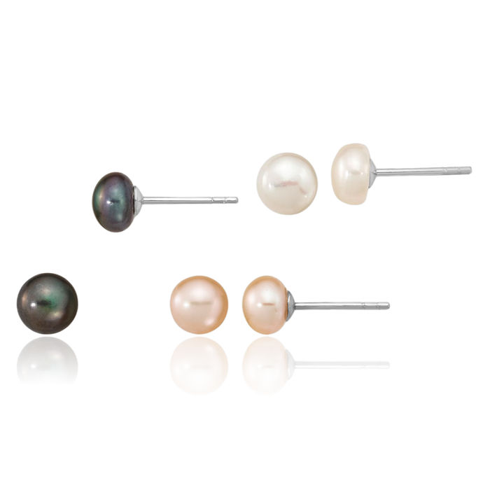 925 Sterling Silver 6mm White Black Pink Button Freshwater Cultured Pearl Set of 3 Stud Earrings