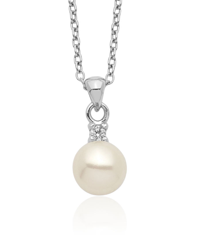 925 Sterling Silver 6mm White Button Freshwater Cultured Pearl Cubic Zirconia CZ Necklace Chain