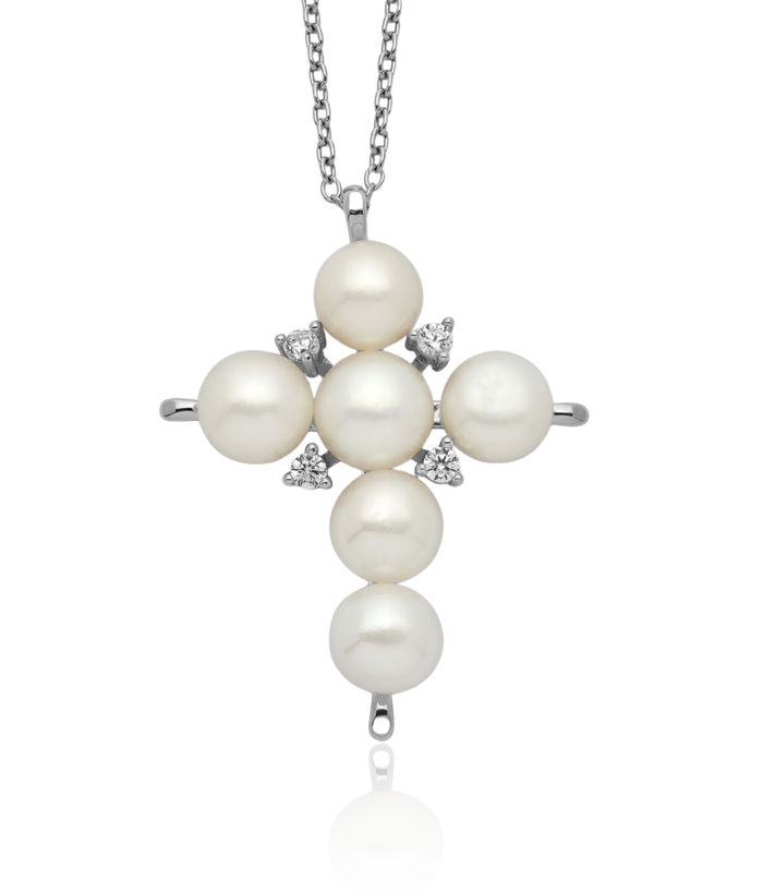 925 Sterling Silver 6mm White Button Freshwater Cultured Pearl Cubic Zirconia CZ Holy Cross Chain Necklace