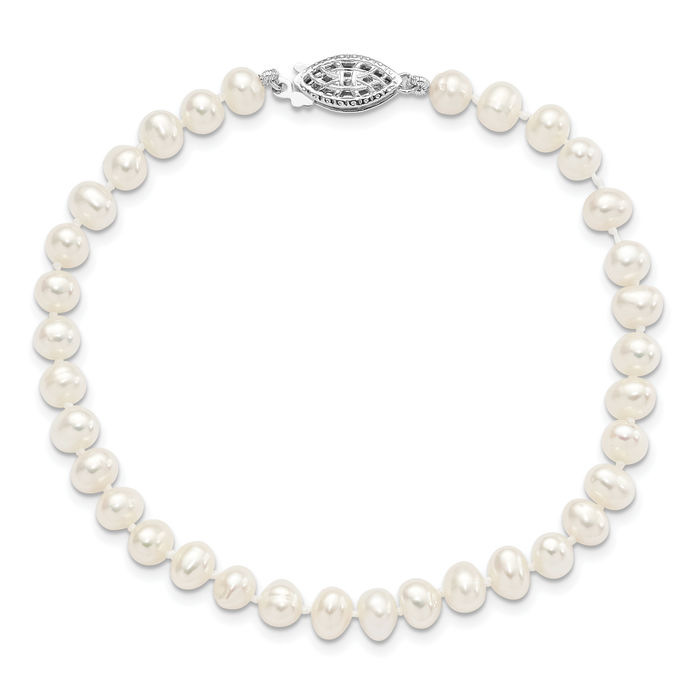 925 Sterling Silver 5mm White Round Freshwater Cultured Pearl Chain Bracelet - Picture 9 of 12