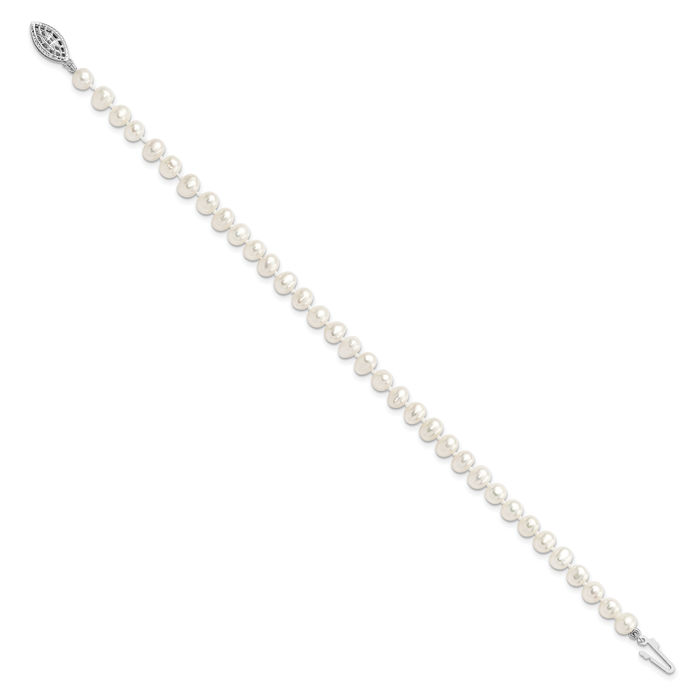 925 Sterling Silver 5mm White Near Round Freshwater Cultured Pearl Chain Bracelet