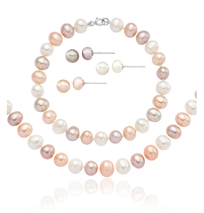 925 Sterling Silver 6mm White Pink Purple Round Freshwater Cultured Pearl Necklace Bracelet 3-piece Button Stud Earrings Set