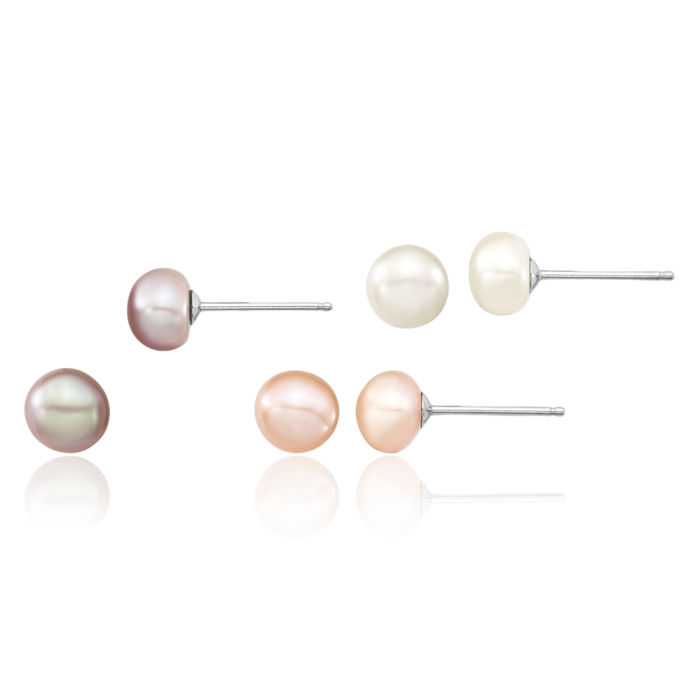 925 Sterling Silver 6mm White Pink Purple Round Freshwater Cultured Pearl Necklace Bracelet 3-piece Button Stud Earrings Set