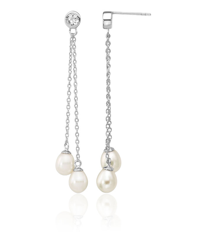 925 Sterling Silver 6mm White Rice Freshwater Cultured Pearl Cubic Zirconia CZ Post Drop Dangle Earrings