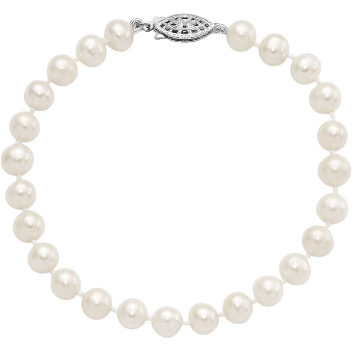 925 Sterling Silver 6mm White Near Round Freshwater Cultured Pearl Chain Bracelet