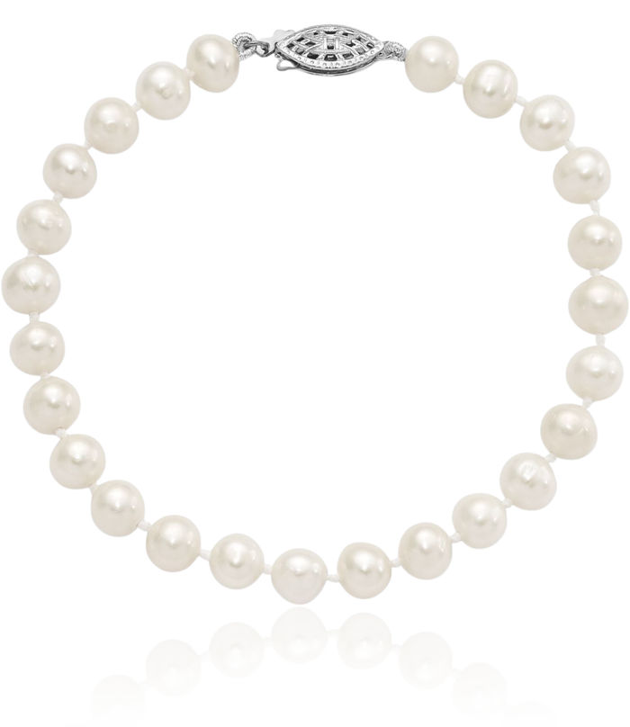 925 Sterling Silver 6mm White Near Round Freshwater Cultured Pearl Chain Bracelet