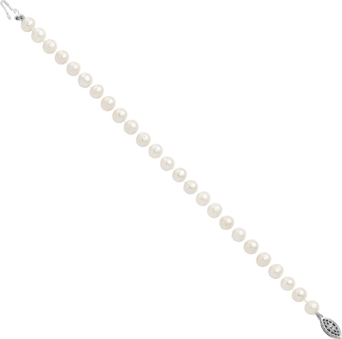 925 Sterling Silver 6mm White Near Round Freshwater Cultured Pearl Chain Bracelet