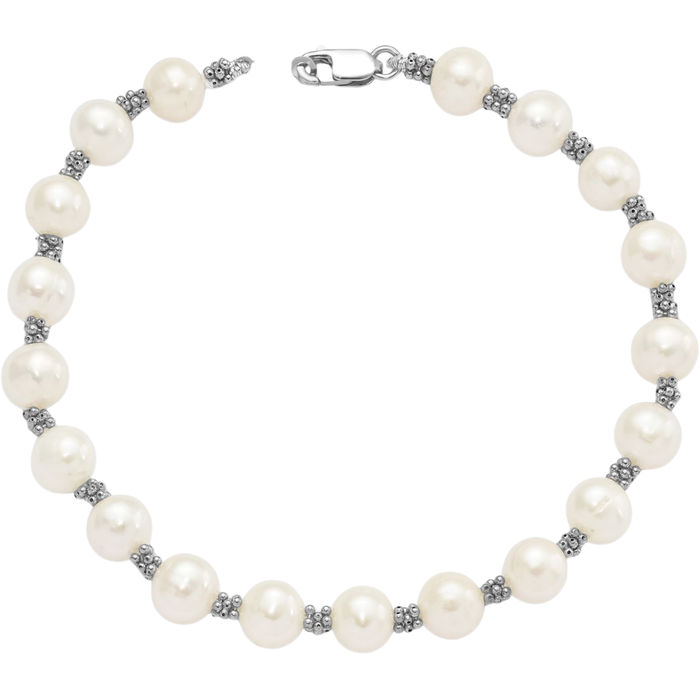 925 Sterling Silver 6mm White Round Freshwater Cultured Pearl Chain Bracelet