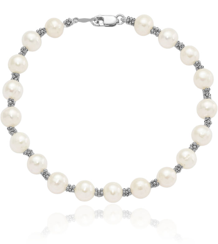 925 Sterling Silver 6mm White Round Freshwater Cultured Pearl Chain Bracelet