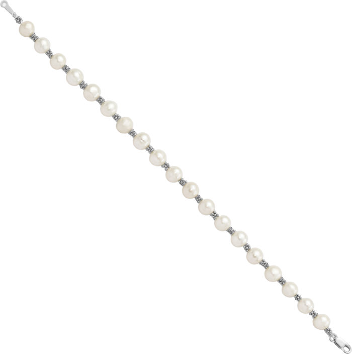 925 Sterling Silver 6mm White Round Freshwater Cultured Pearl Chain Bracelet