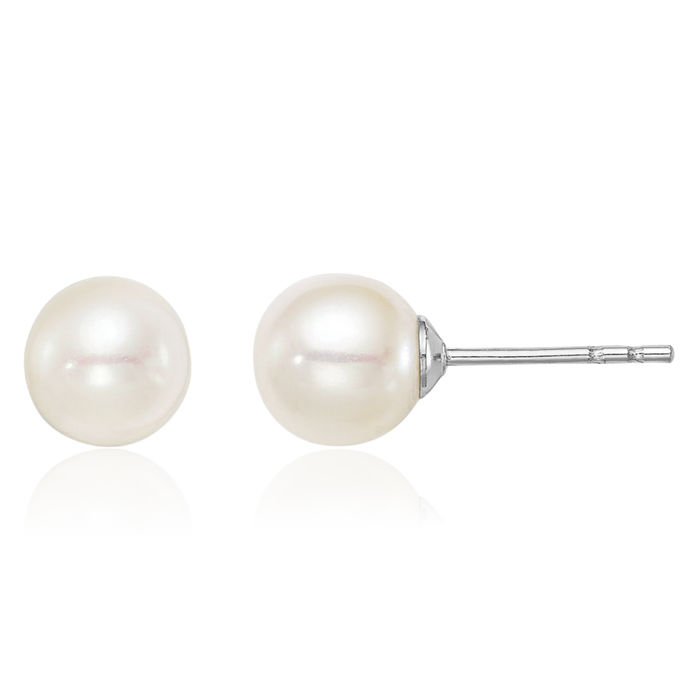 925 Sterling Silver 6mm White Round Freshwater Cultured Pearl Stud Earrings