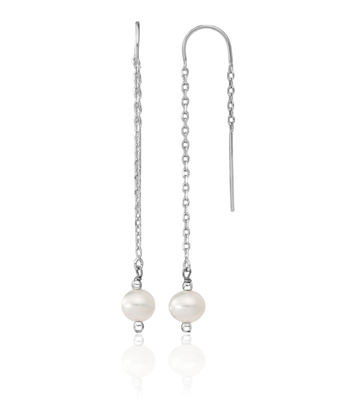 925 Sterling Silver 6mm White Round Freshwater Cultured Pearl Threader Drop Dangle Earrings