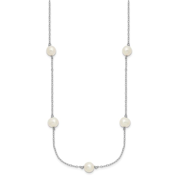 925 Sterling Silver 7mm White Near Round Freshwater Cultured Pearl 7 Station Necklace Chain