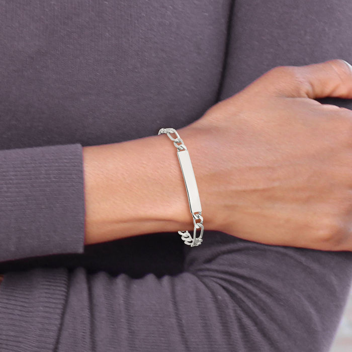 925 Sterling Silver Engraveable Figaro Link Name Bar Identification ID Bracelet