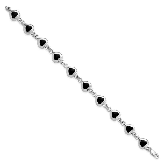 925 Sterling Silver Heart Black Onyx Chain Tennis Charm Bracelet