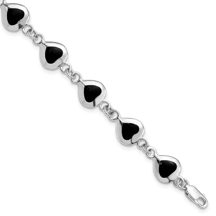 925 Sterling Silver Heart Onyx Chain Tennis Charm Bracelet - Picture 7 of 12