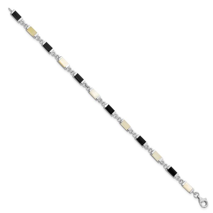 925 Sterling Silver Black Onyx Mother of Pearl Chain Gemstone Tennis Bracelet