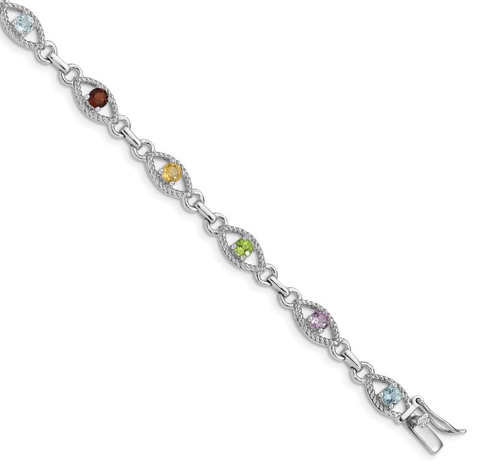 925 Sterling Silver Multi-color Rainbow Gemstone Link Chain Bracelet