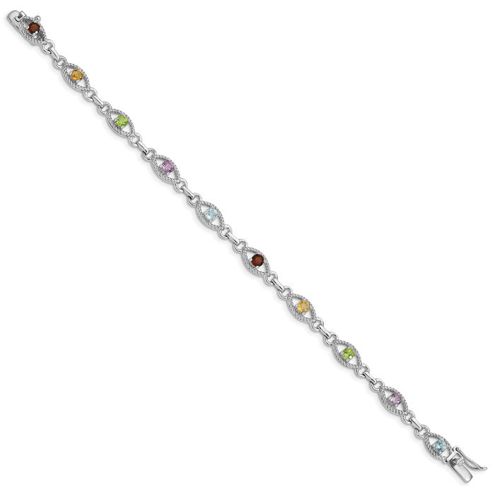 925 Sterling Silver Multi-color Rainbow Gemstone Link Chain Bracelet